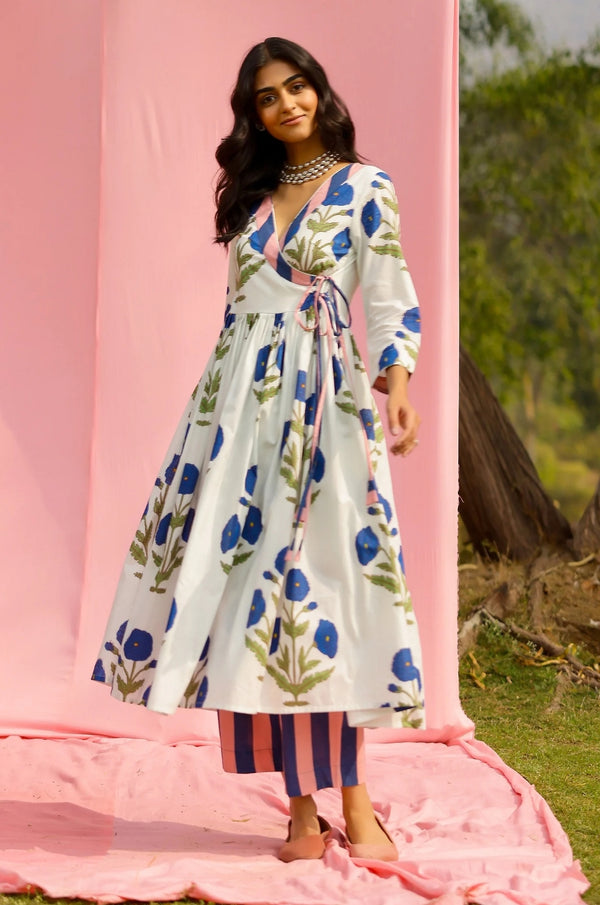 Phagun Blue Poppy Angrakha Kurta Pant Set